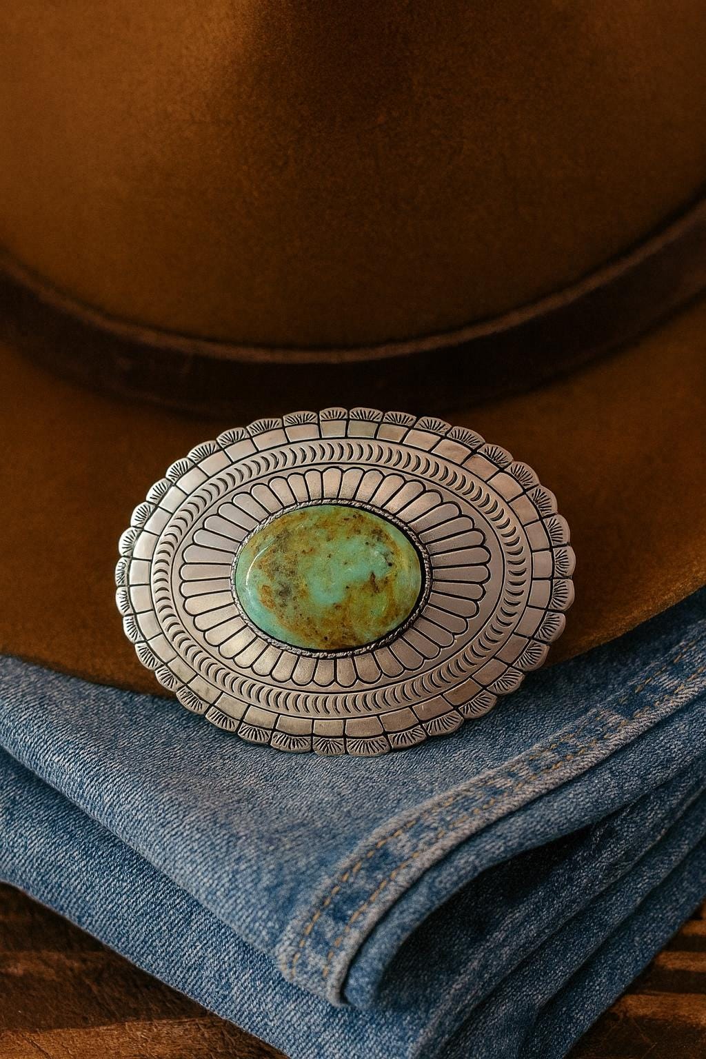 Teal Turquoise Stone Belt Buckle: Western Cowboy Silver Concho