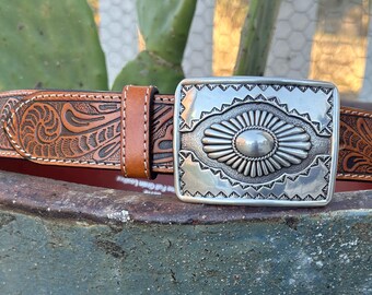 Tooled Brown Leather Western Belt With Silver Plated Buckle  display picture 3