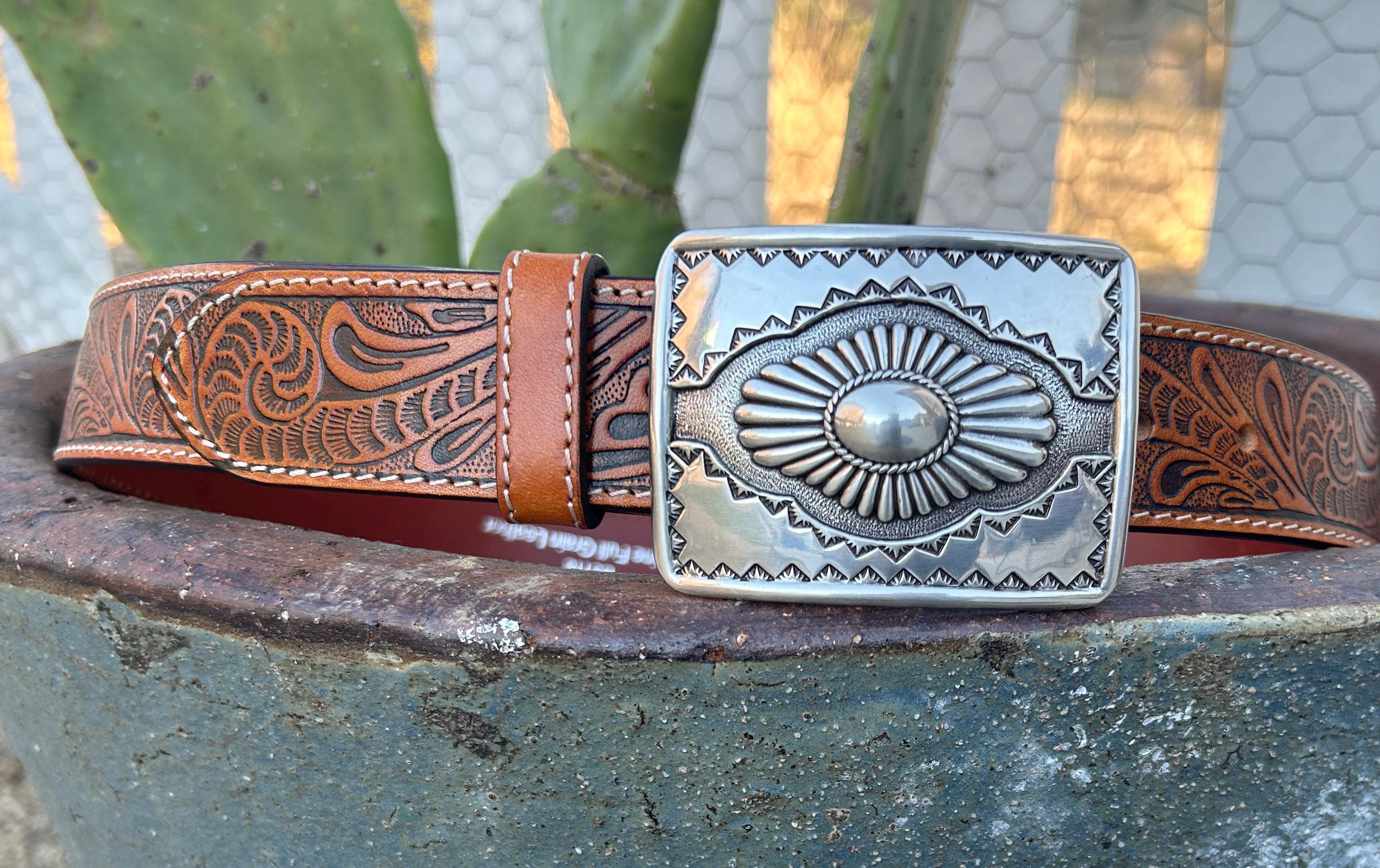 Western Style Brown Leather and Metal Belt Ishaor Vintage Brown Leather Cowboy Belt, Handmade 4.2cm  main image 3