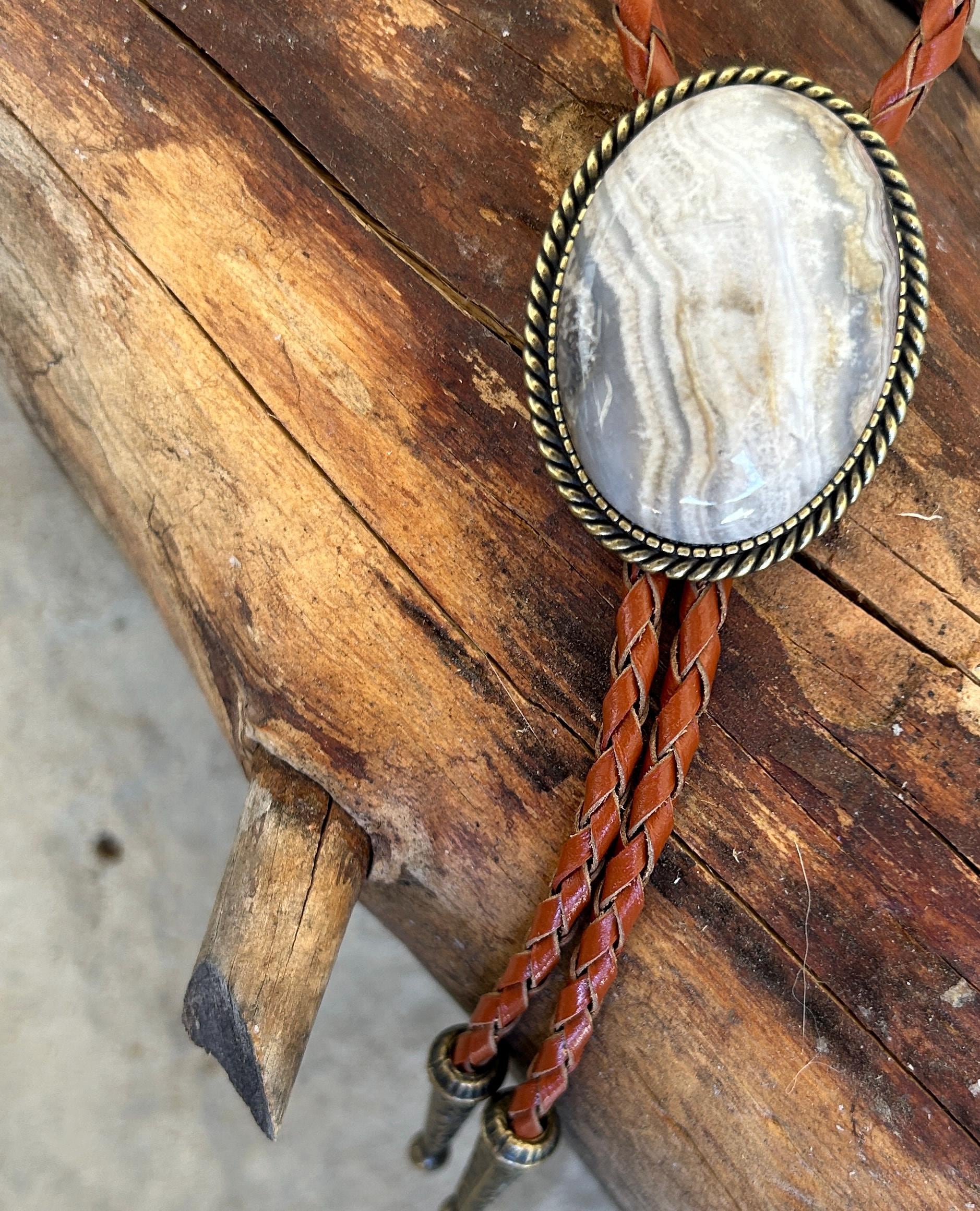White Stone Bolo Tie: Antique Gold Southwestern Leather Necklace