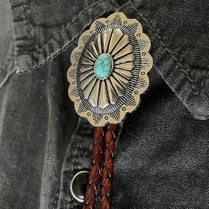 Southwestern Turquoise Bolo Tie Gifts for Him Cabochon Indian Leather Cowboy Necktie Accessories Mens Necklace Leather Brown Cord Woven image 1