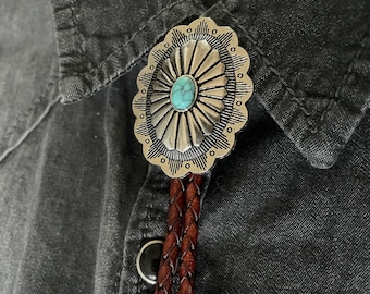 Southwestern Turquoise Bolo Tie - Leather Cowboy Necktie Accessories Mens Necklace Slide Western Cord Lariat Wedding Gifts for Him Rope Man