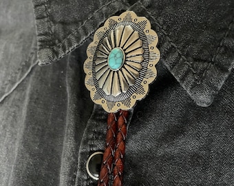 Southwestern Turquoise Bolo Tie - Gifts for Him Cabochon Indian Leather Cowboy Necktie Accessories Mens Necklace - Leather Brown Cord Woven