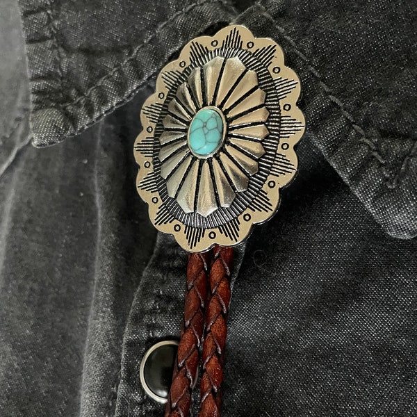 Southwestern Turquoise Bolo Tie - Gifts for Him Cabochon Indian Leather Cowboy Necktie Accessories Mens Necklace - Leather Brown Cord Woven