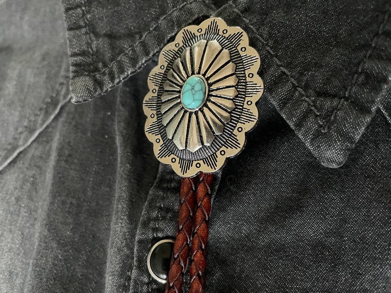 Southwestern Turquoise Bolo Tie Gifts for Him Cabochon Indian Leather Cowboy Necktie Accessories Mens Necklace Leather Brown Cord Woven image 1