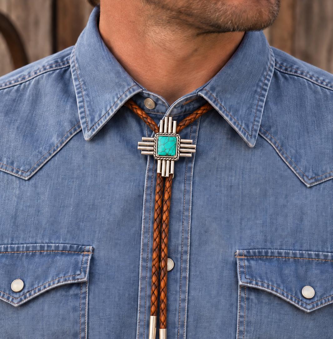 Turquoise Zia Bolo Tie : Southwestern Cowboy Leather Necklace