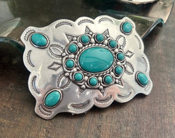Vintage Turquoise Belt Buckle - Western Design - Cabochon - Women's Ladies Trophy Silver Engraved Gift Idea - Horse Rider Show Cowgirl