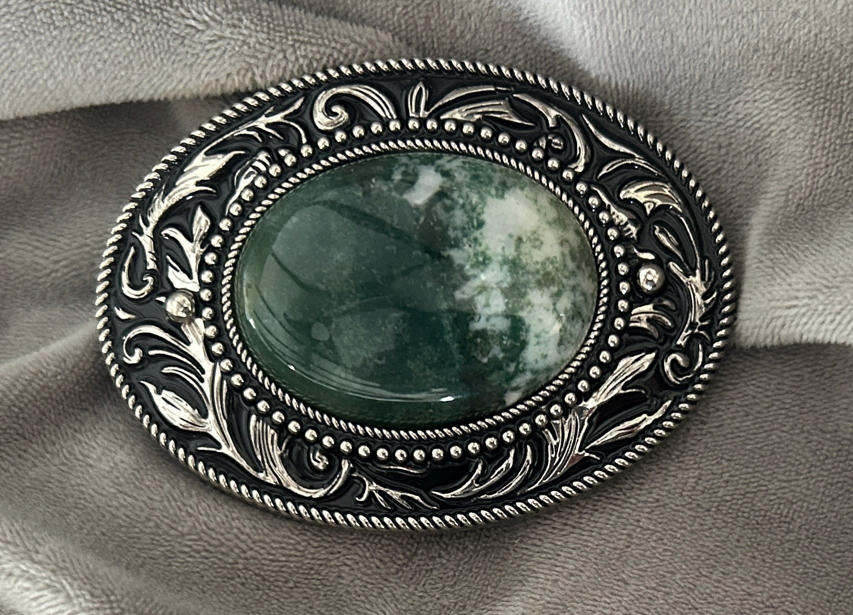 Silver-Tone Decorative Belt Buckle with Green Stone 1978 LD7 Blue Stone Belt Buckle Cowboy Western Accessory – The Bold  main image 2