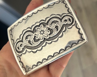 Large engraved silver belt buckle - navajo design engraved border - western style  for cowboy cowgirl - horse show - rodeo trophy -