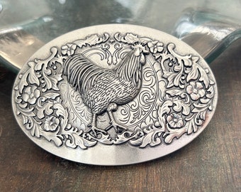 Beautiful Engraved Silver Rooster Belt Buckle - Chicken Hen Animal - Gold - Chicken - Art - Mexican - Bird - Cock - Fighting Head Farming