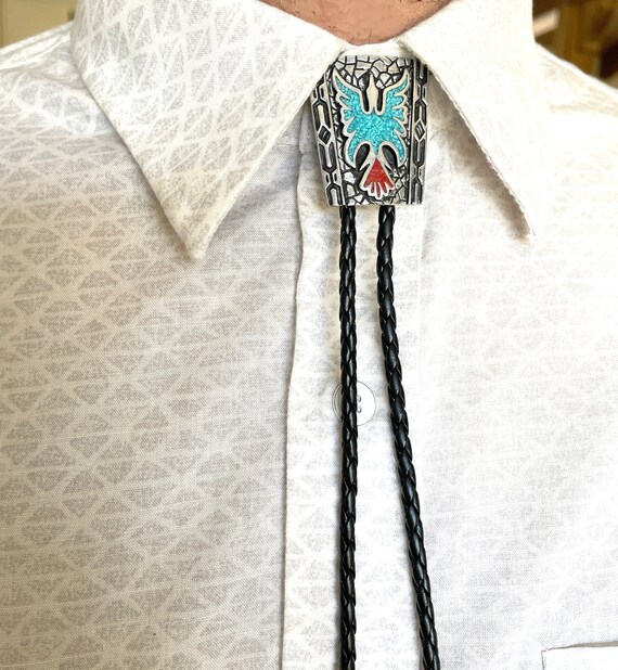 Turquoise & Coral Inlaid Steerhead Western Bolo Tie Turquoise & Coral Inlaid Steerhead Western Bolo Tie