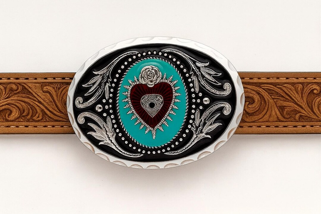 Sacred Heart Belt Buckle: Valentines Day Turquoise, Crown, Mexican
