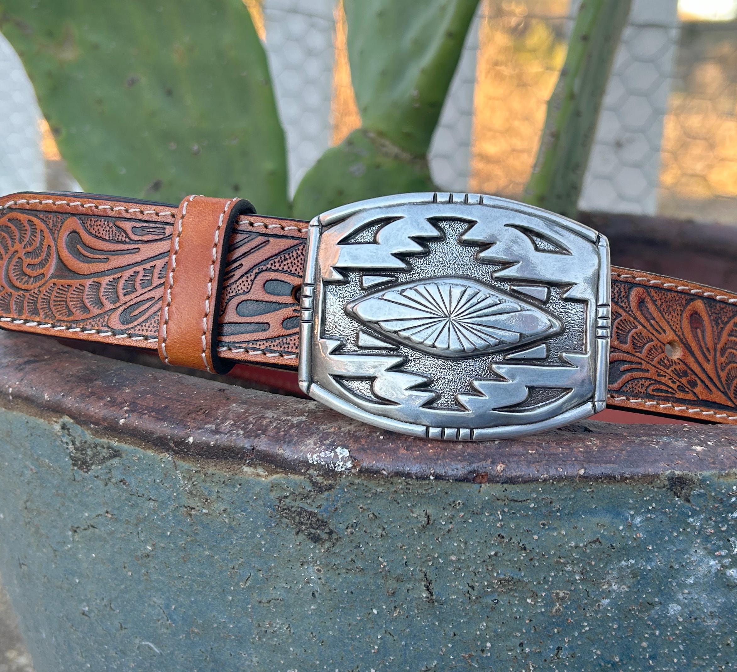 Tooled Brown Leather Western Belt: Silver Buckle, Full Grain 