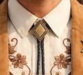 Antique Gold Diamond Bolo Tie : Black Leather Cord Cowboy Necktie
