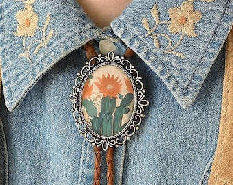 Cactus Flower Bolo Tie: Handmade Southwestern Leather Cowboy Necktie