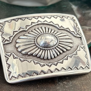 Large engraved silver belt buckle - navajo design engraved border - western style  for cowboy cowgirl - horse show - rodeo trophy -