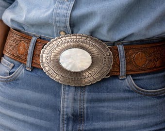Genuine Mother of Pearl Shell Belt Buckle: Silver Engraved Oval, Inlay - Fits 1.5" Belt