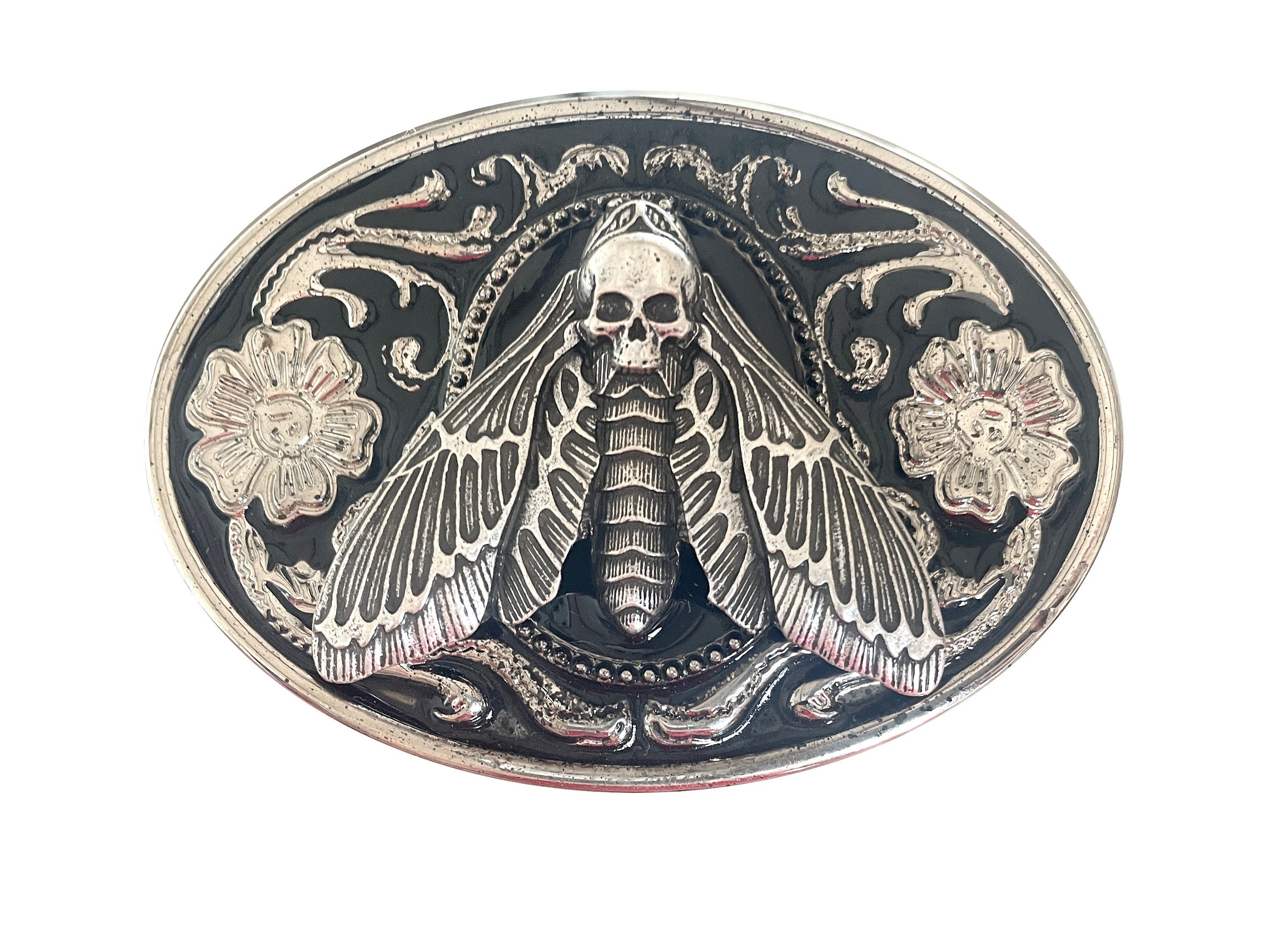 NEW Goth Moth & Skull Boho Belt Buckle Punk Style Detailed Gothic Western Moth Belt Buckle: Metal Skull Insect, Goth Punk  main image 4