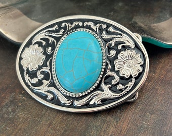 Turquoise Belt Buckle - Western Design - Cabochon - Women's  - Round - Silver Engraved - Mans Womens Woman Wedding Accessories Ladies