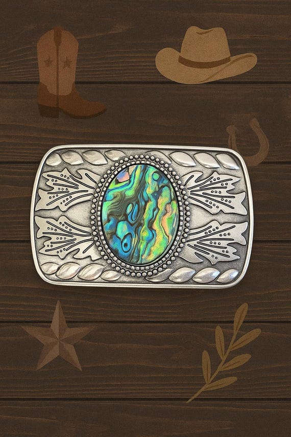 Abalone Shell Belt Buckle: Engraved Silver, Turquoise Inlay  display picture 1
