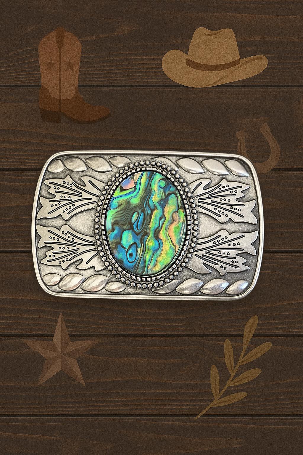 Abalone Shell Belt Buckle: Engraved Silver, Turquoise Inlay  display picture 1