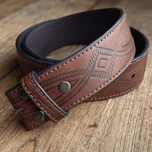 Tooled Brown Leather Belt Strap: Full Grain Western Style, Interchangeable Buckle