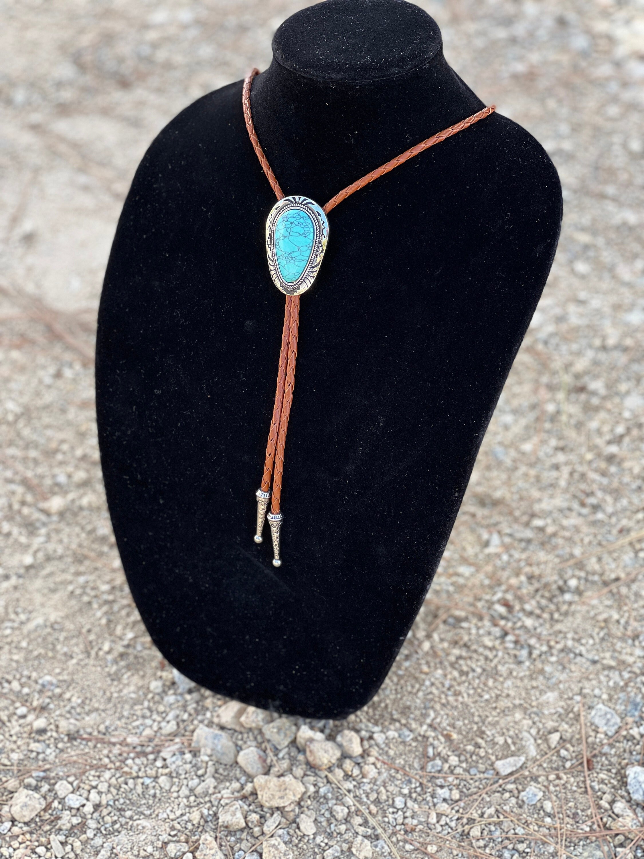 Bolo Tie Vintage En Cuir Avec Pendentif Turquoise - Collier Ras Du Cou Unisexe - Neuf Avec Étiquettes