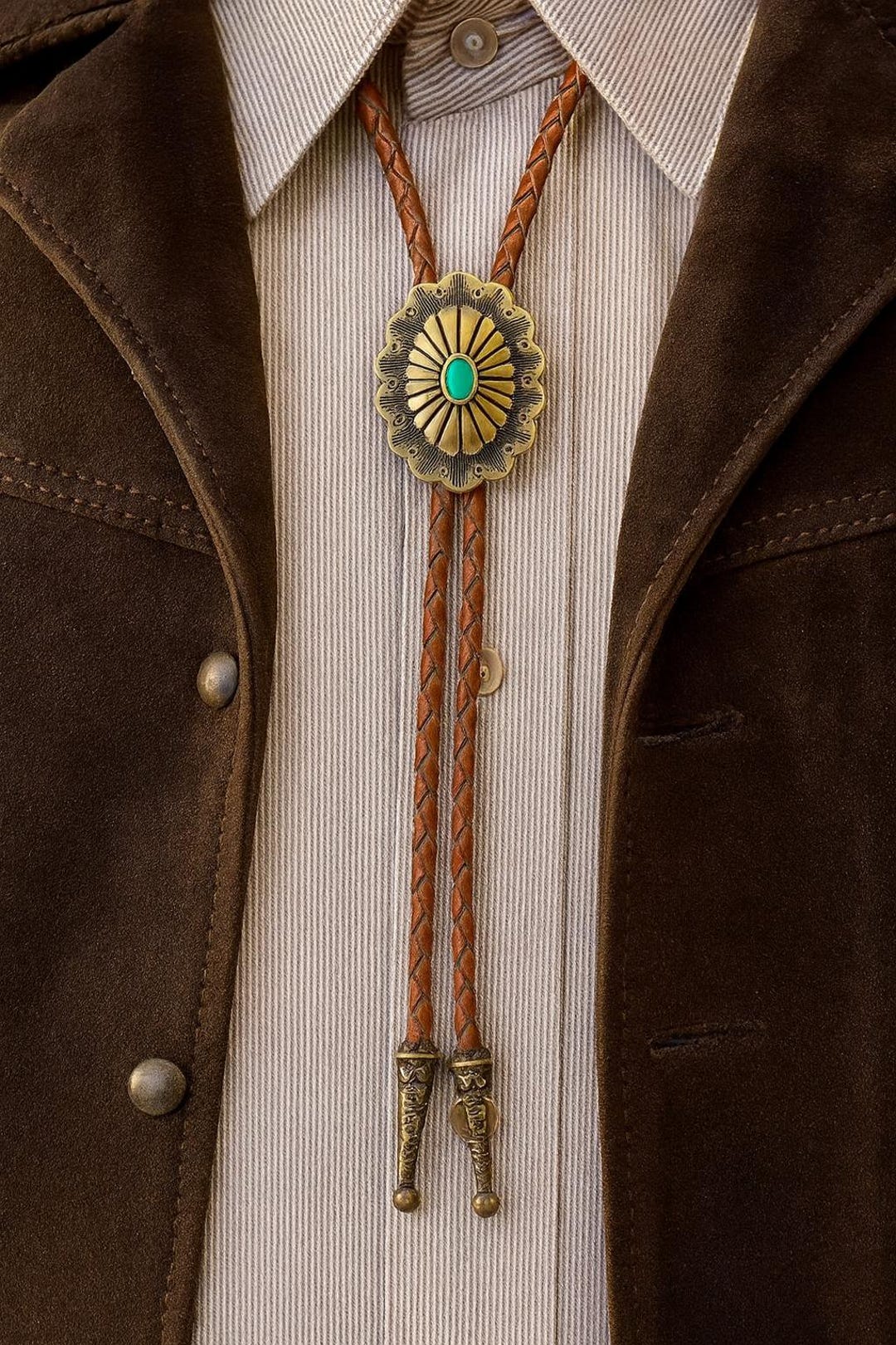 Southwestern Turquoise Bolo Tie : Leather Cowboy Necklace, Antique