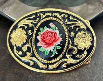 Hand painted rose cameo belt buckle