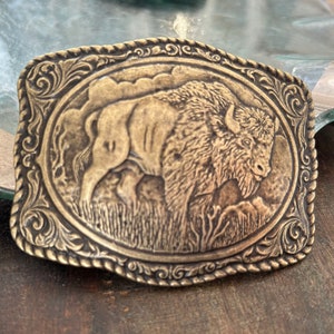 Brass Engraved Buffalo Belt Buckle Southwestern Head Bull Mans Yellowstone Horns Head Bison Rope Cowboy Navajo Indian Leather image 2