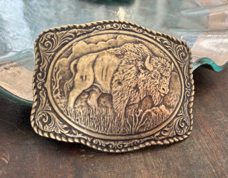 Brass Engraved Buffalo Belt Buckle Southwestern Head Bull Mans Yellowstone Horns Head Bison Rope Cowboy Navajo Indian Leather image 2