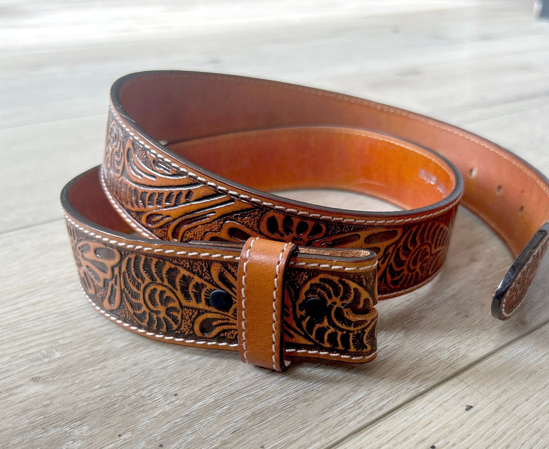 Tooled Brown Leather Snap Belt Strap 100% Full Grain Western Style Cow ...