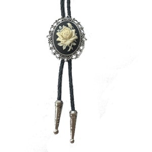 Handmade black rose bolo tie - western style gifts for her cabochon leather cowboy necktie accessories womens victorian tattoo flower gothic