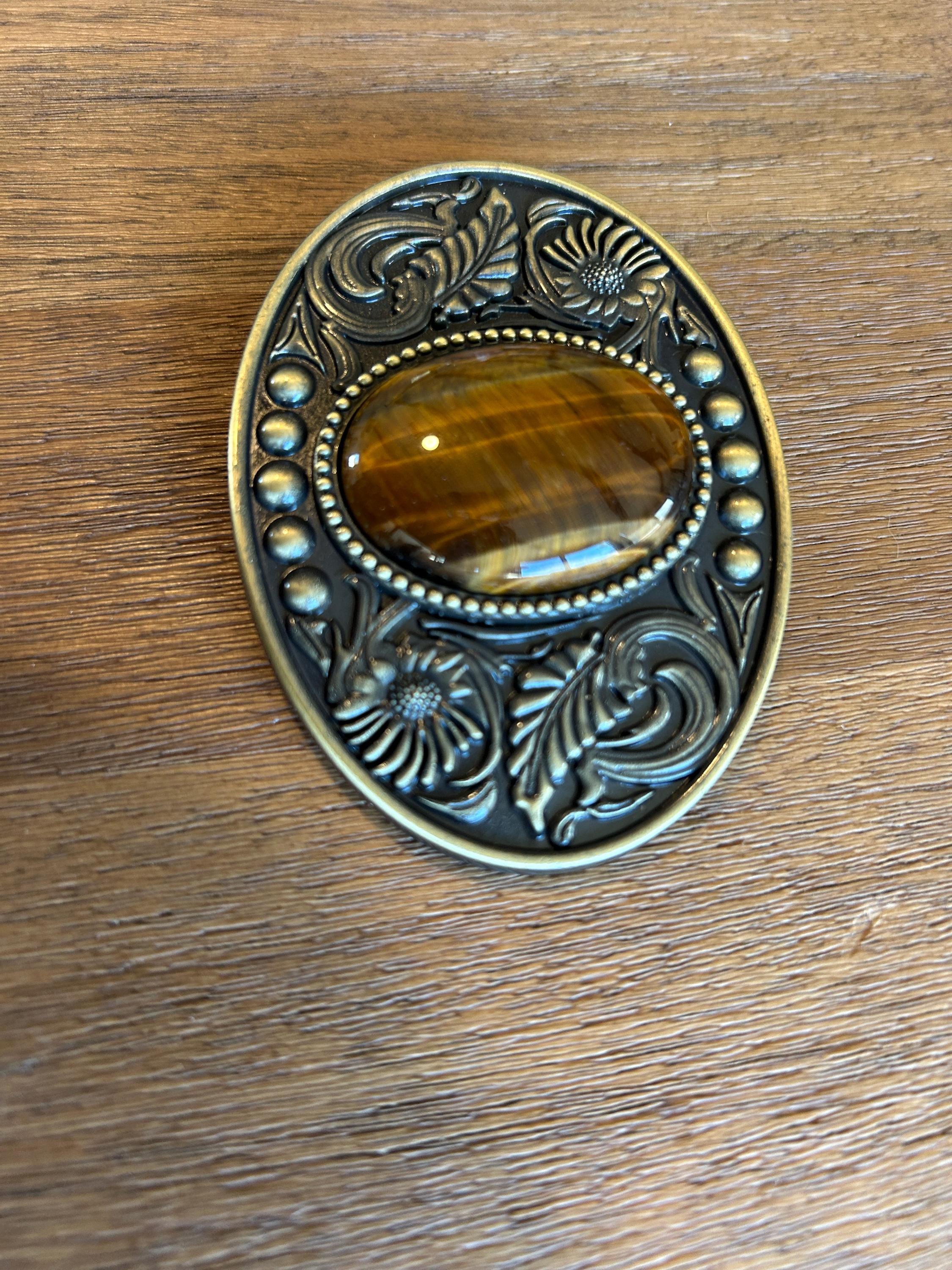 Vintage 70s Brass Round Stone Inlay Belt Buckle Unisex Western Boho Tigers Eye Tigers Eye Belt Buckle : Antique Gold or Silver Western  main image 4
