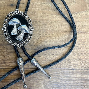 Mushroom Bolo Tie - Western Gifts for Him - Leather Cowboy Necktie Accessories Mens Necklace Hipster Black Food Magic Hippie Hoot Goth Dark