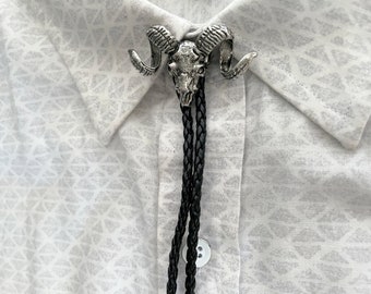 Silver Ram Skull Bolo Tie - Skeleton of Animal Horns Goat Mountain Colorado Hunting Hunter Goth Cosplay Cool Necktie Bola Mens