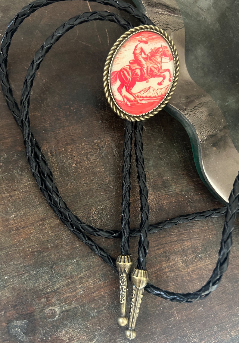 Vintage Cowboy Bolo Tie Gifts for Him Cabochon Indian Leather Cowboy Necktie Accessories Mens Necklace Bola Leather Bronco Rodeo Horse image 5