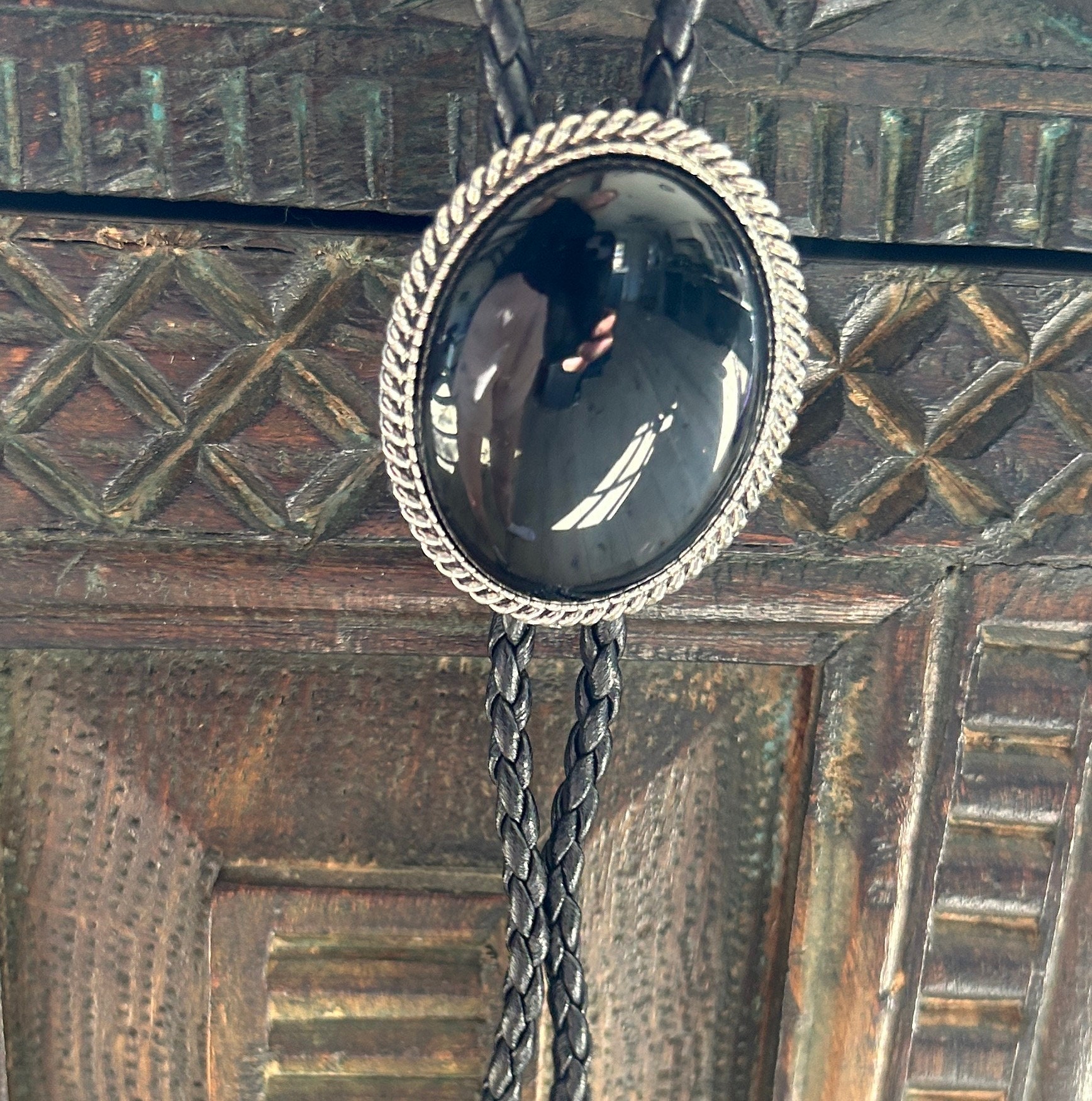 Bandmax Bolo Tie Pelle con Onice Nero Ovale Cravatta Bolo Western Uomo Accessorio Alla Moda, Taille unique, Metallo non prezioso, Onice