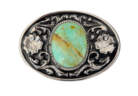 Vintage Handmade Womens Large Oblong Turquoise Stone Silver Belt Buckle Vintage Western Turquoise Belt Buckle: Engraved Silver  main image 2