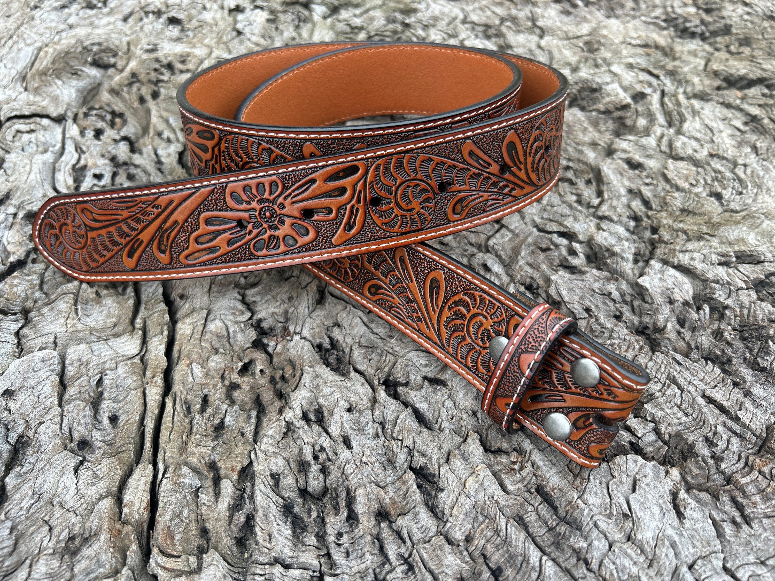 Tooled Brown Leather Belt Strap: Western Style Full Grain  display picture 2