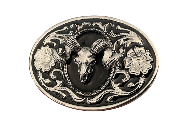 Bighorn Ram Skull Belt Buckle Horn Goat Sheep Animal Skeleton Western Style Silver Portrait Custom Cabochon Cameo Silver Black Engraved image 1