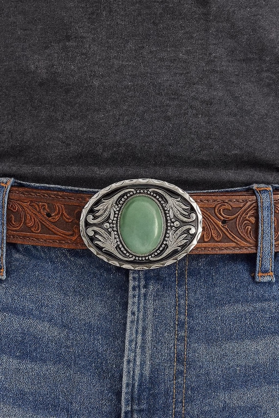Sage Green Stone Belt Buckle: Engraved Silver Western Style  display picture 2