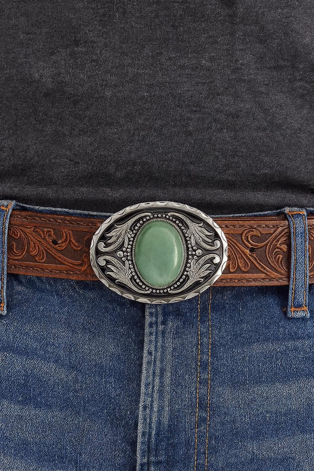 Silver Green Jade Black Belt Buckle Western Modern Green Stone Set in Silver Buckle on Personalized Earl Black  main image 4