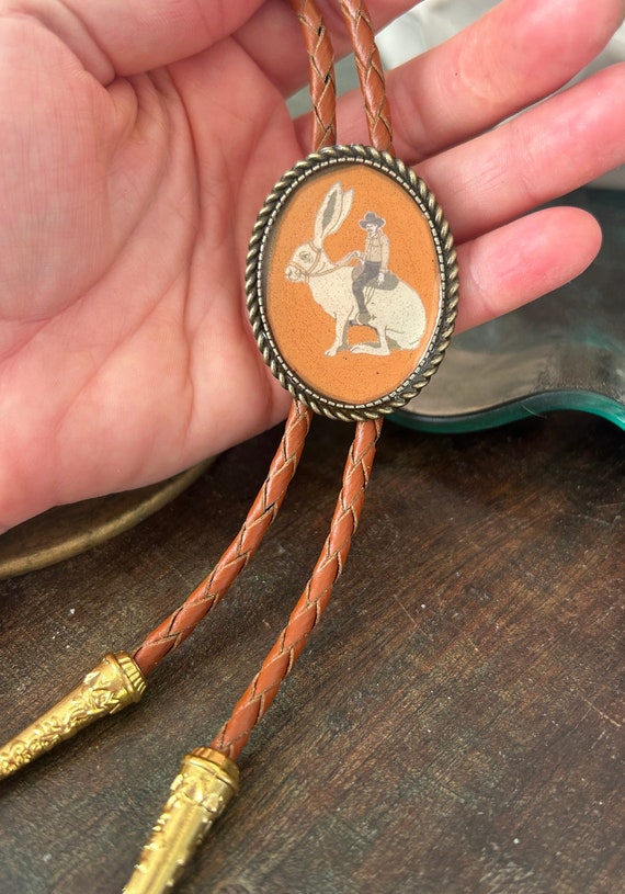 Cowboy Riding Jackrabbit Bolo Tie - Gifts for Him Indian Leather Funny Gag Wedding Necktie Mens Necklace Bola Leather Animal Brown Bola Cord