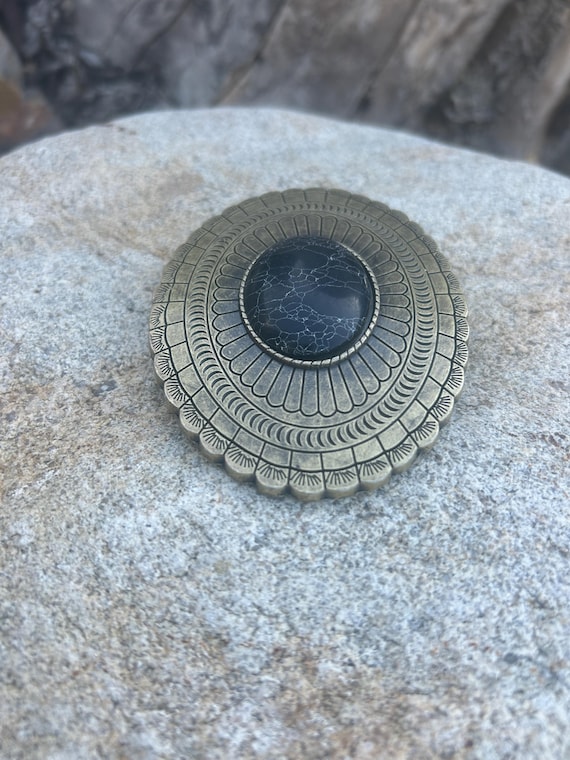 Silver-Tone Western Style Belt Buckle with Black Cabochon Accent & 2 Stones Black Stone Belt Buckle: Engraved Silver Western Concho - Etsy main image 4