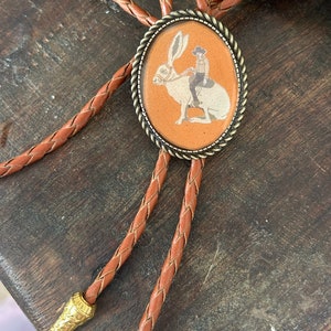 Cowboy Riding Jackrabbit Bolo Tie Gifts for Him Indian Leather Funny Gag Wedding Necktie Mens Necklace Bola Leather Animal Brown Bola Cord image 3