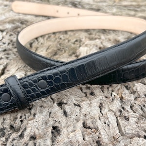 1&#39;&#39; Wide Black Leather Snap Belt Strap - Skinny - Alligator Print Hide - All Sizes Removable belt strap Dress Casual Thin Gifts for Him Men