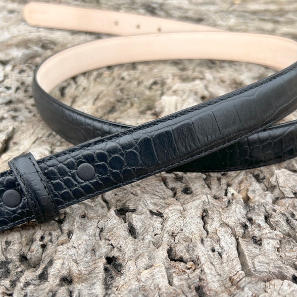 1'' Wide Black Leather Snap Belt Strap - Skinny - Alligator Print Hide - All Sizes Removable belt strap Dress Casual Thin Gifts for Him Men