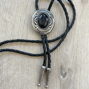 Southwestern Black Stone Bolo Tie Gifts for Him Cabochon Indian Leather Cowboy Necktie Accessories Mens Necklace Leather Cord Woven image 2