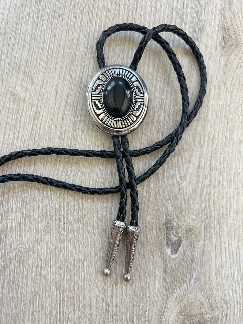 Southwestern Black Stone Bolo Tie Gifts for Him Cabochon Indian Leather Cowboy Necktie Accessories Mens Necklace Leather Cord Woven image 2